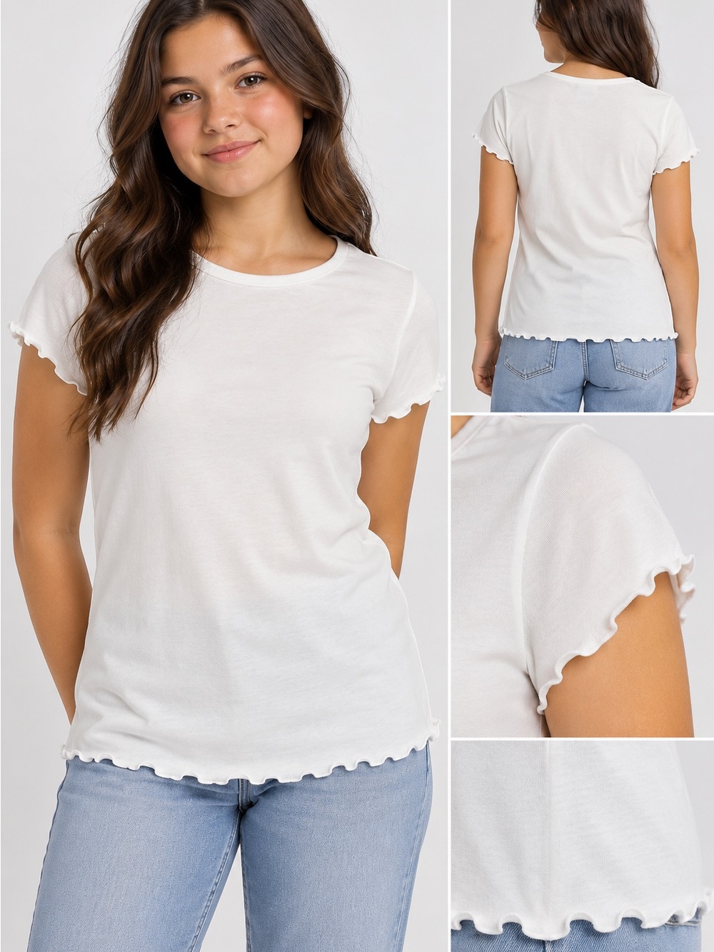 Girls White Lettuce-Edge Tee